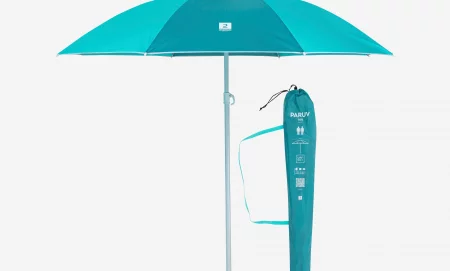 DECATHLON Плажен чадър PARUV 160, UPF 50+, 2-местен, синьо/зелено: Вашата сянка на плажа!